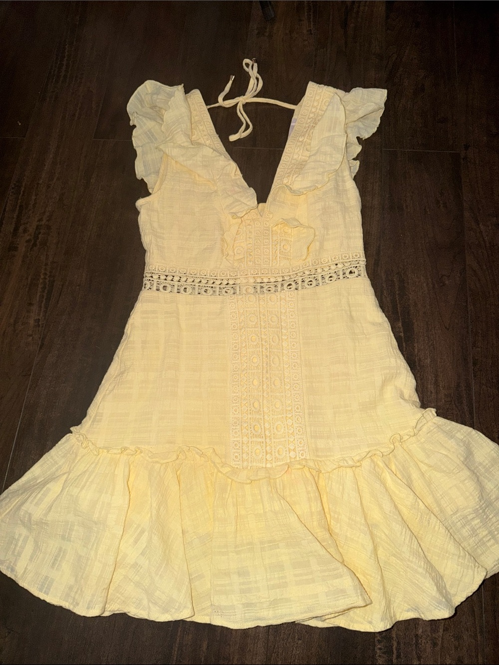 Sunny Yellow Ruffle Mini Dress with Lace Trim